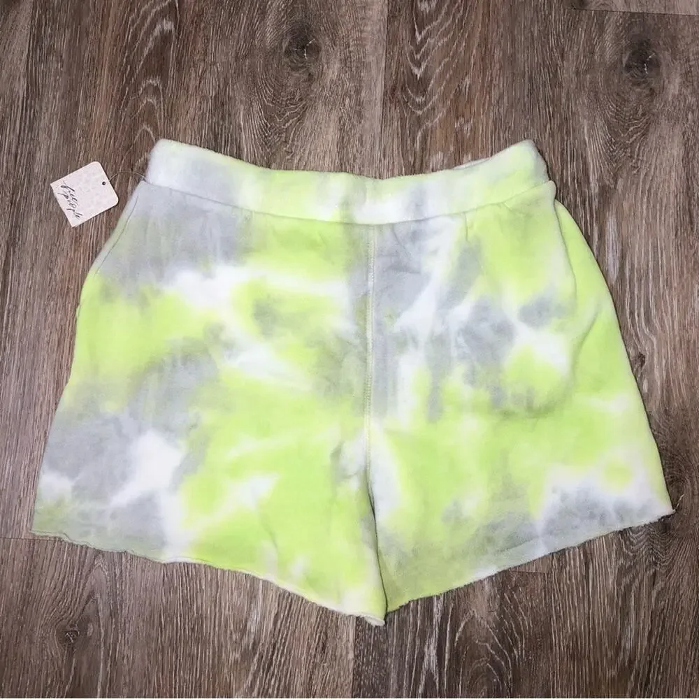 Free People Kelly Washed Green Yellow Tie Dye Lounge Short XS NWT